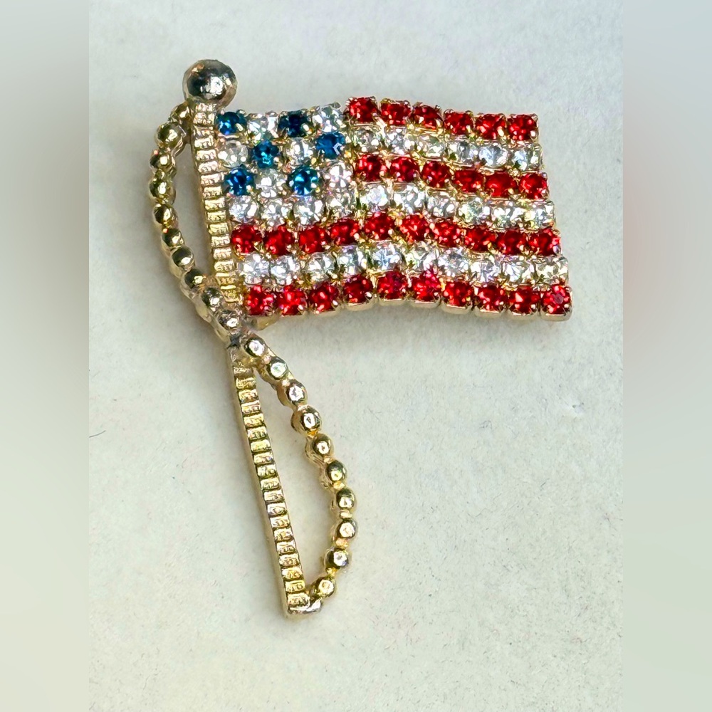Vintage Ralph Rafaelian American Flag Brooch Sparkling Rhinestone Pin